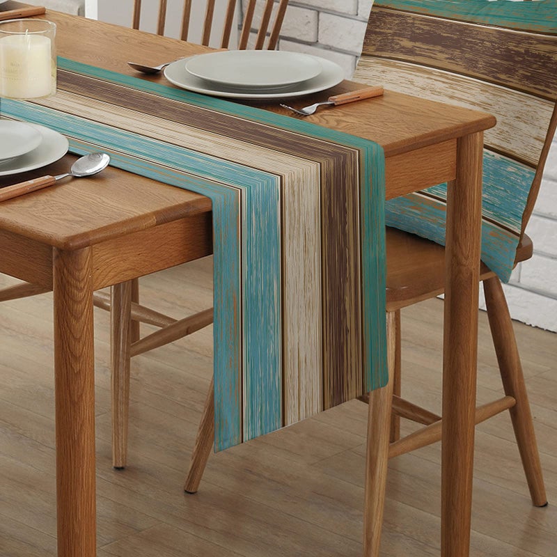 Vandarllin Cotton Linen Table Runner Dresser Scarves 108 Inches Extra Long Retro Rustic Barn Wood&Teal Green Brown Non-Slip Burlap Rectangle Table Setting Decor for Farmhouse Wedding Party Holiday Dinner Home - Image 2